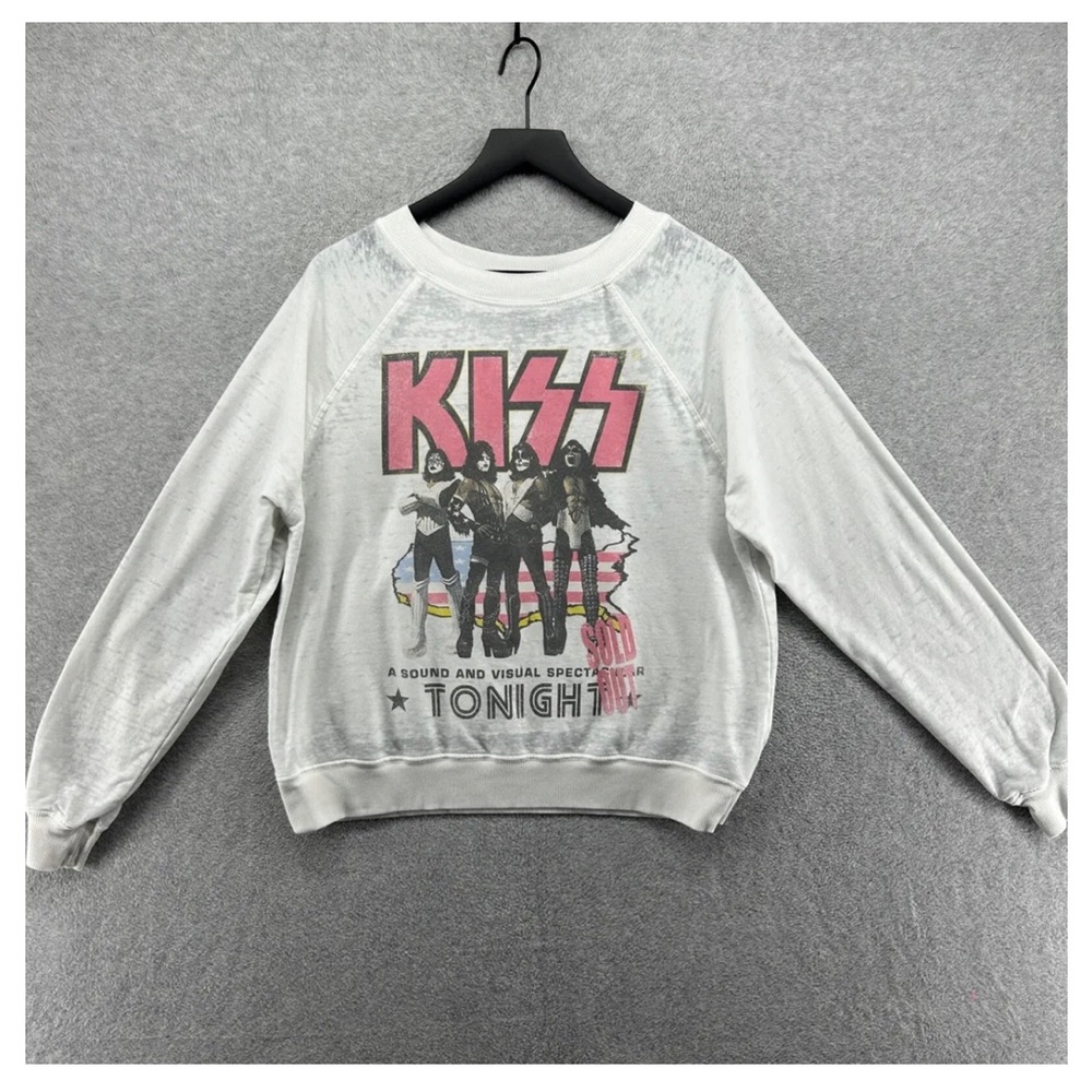Recycled Karma Women's White Long Sleeve 'KISS' Pullover Sweatshirt Size S
